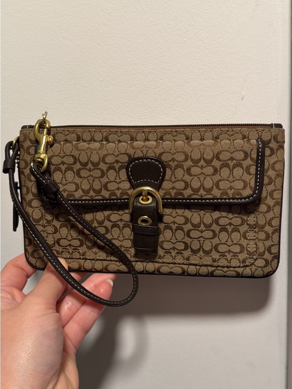 Coach Brown Signature Canvas Wristlet with Dark Leather Trim